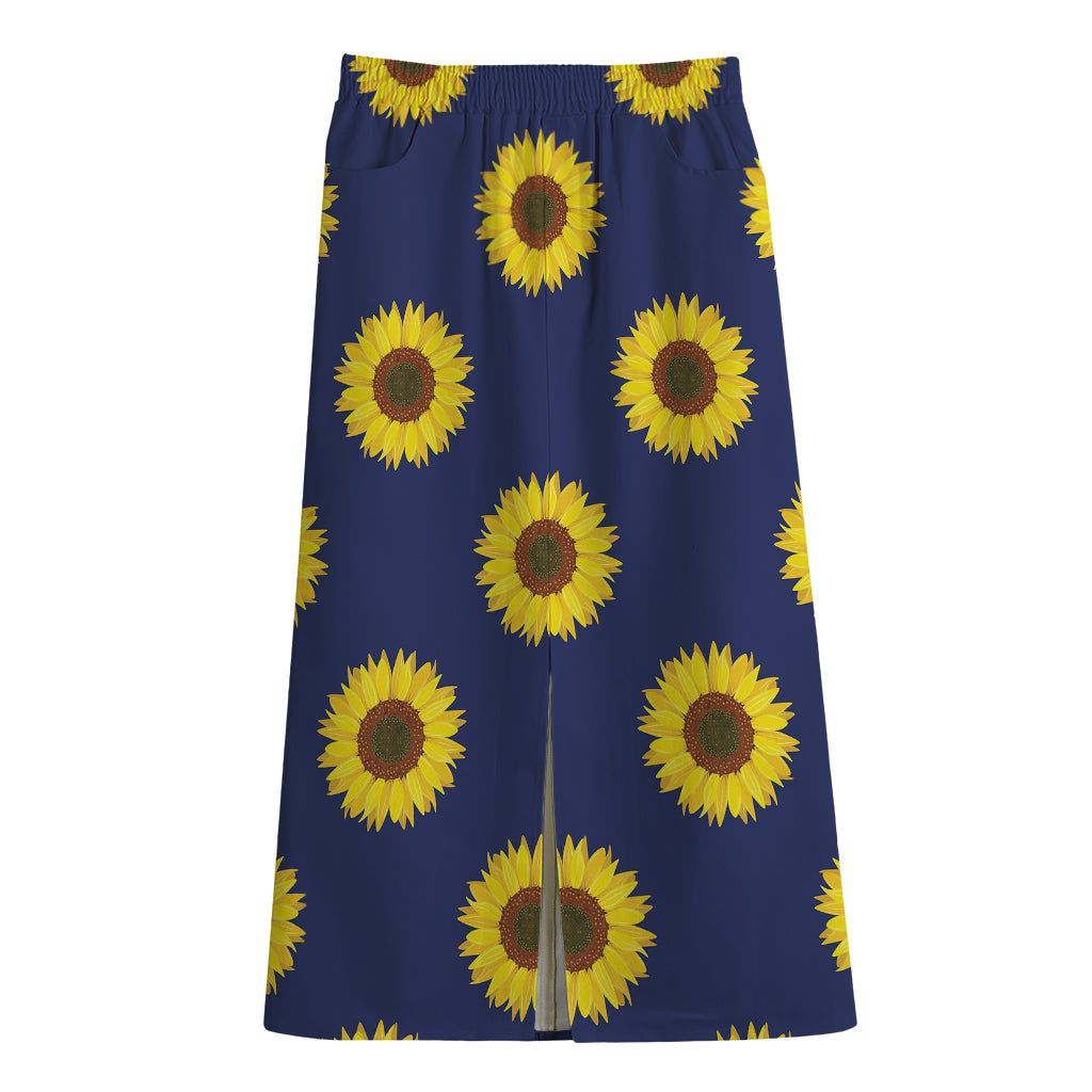 Navy Sunflower Pattern Print Cotton Front Slit Maxi Skirt