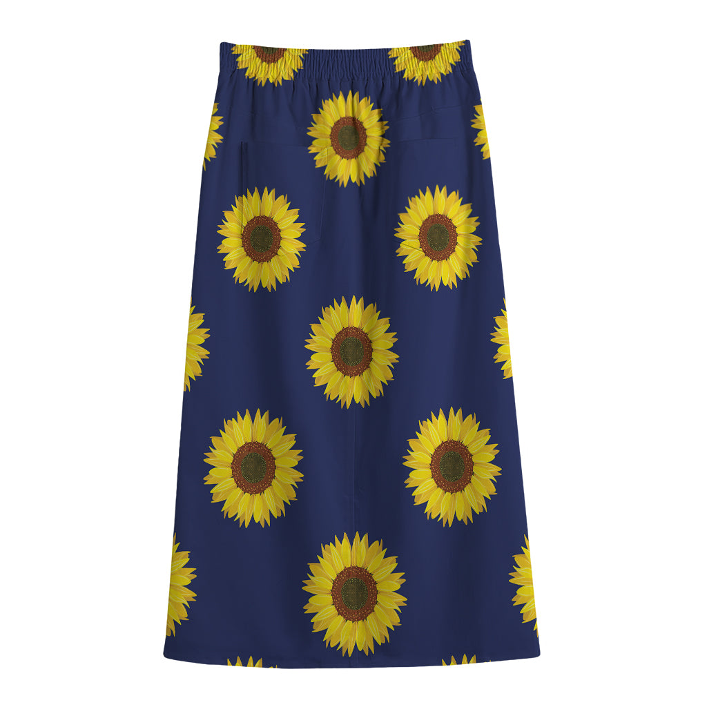 Navy Sunflower Pattern Print Cotton Front Slit Maxi Skirt