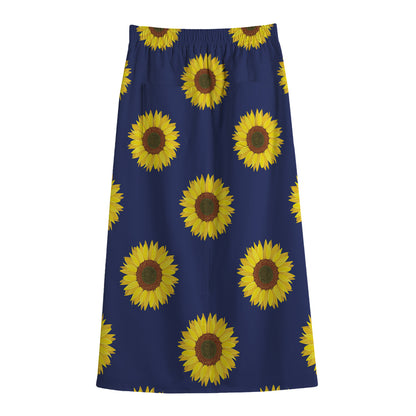 Navy Sunflower Pattern Print Cotton Front Slit Maxi Skirt