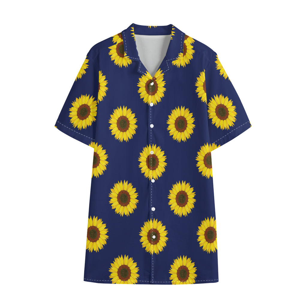 Navy Sunflower Pattern Print Cotton Hawaiian Shirt