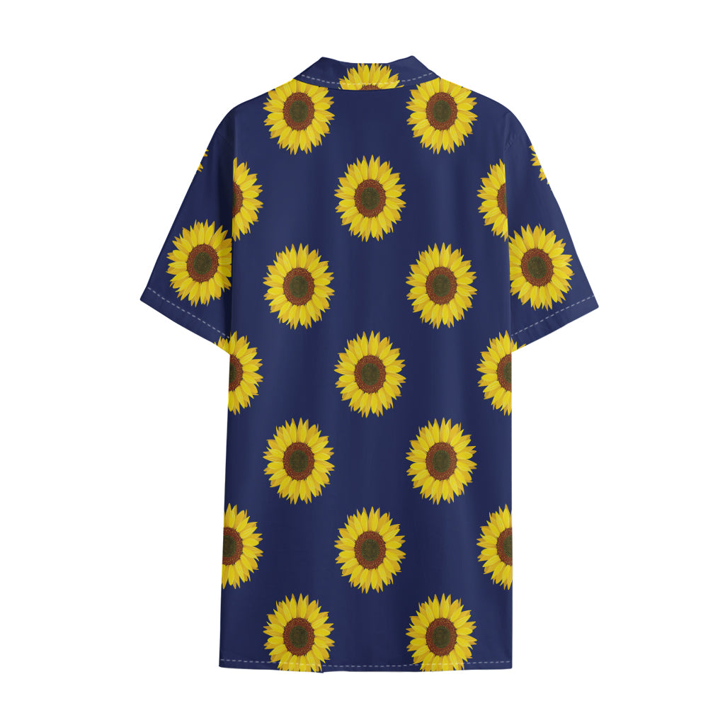 Navy Sunflower Pattern Print Cotton Hawaiian Shirt