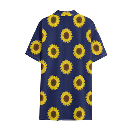 Navy Sunflower Pattern Print Cotton Hawaiian Shirt