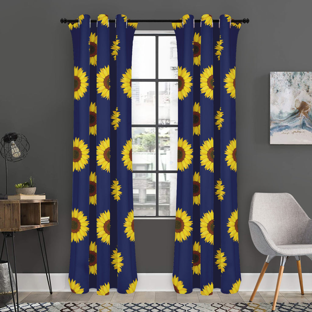 Navy Sunflower Pattern Print Curtain