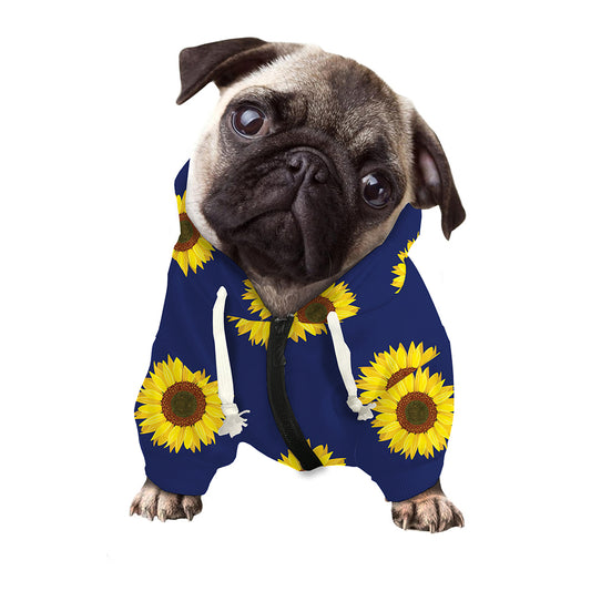 Navy Sunflower Pattern Print Dog Zip Up Hoodie