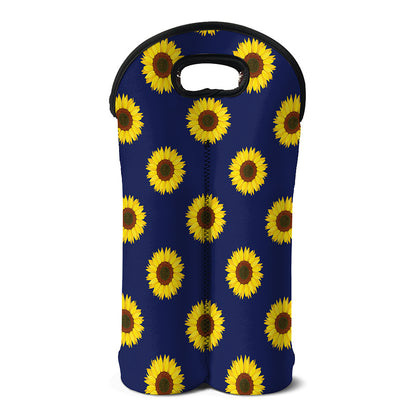 Navy Sunflower Pattern Print Double Neoprene Wine Tote