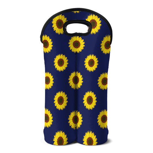 Navy Sunflower Pattern Print Double Neoprene Wine Tote