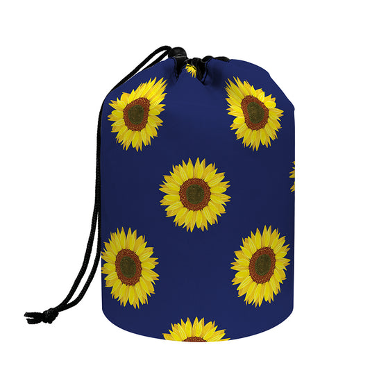 Navy Sunflower Pattern Print Drawstring Makeup Bag