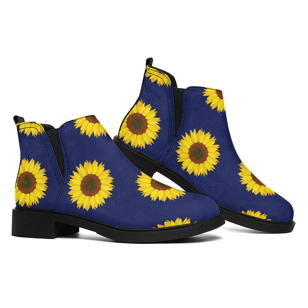 Navy Sunflower Pattern Print Flat Ankle Boots