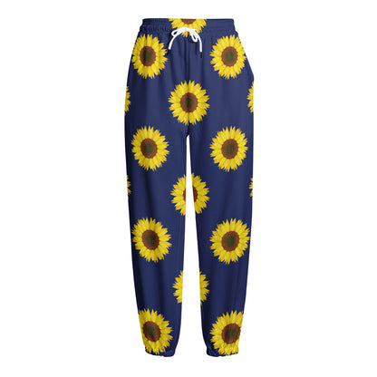 Navy Sunflower Pattern Print Fleece Lined Knit Pants