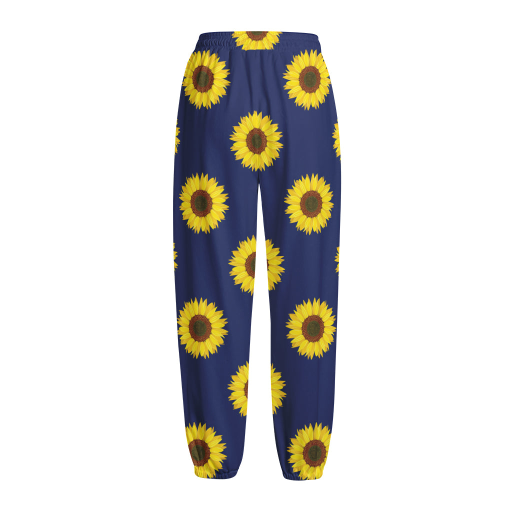 Navy Sunflower Pattern Print Fleece Lined Knit Pants