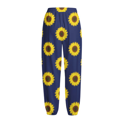 Navy Sunflower Pattern Print Fleece Lined Knit Pants