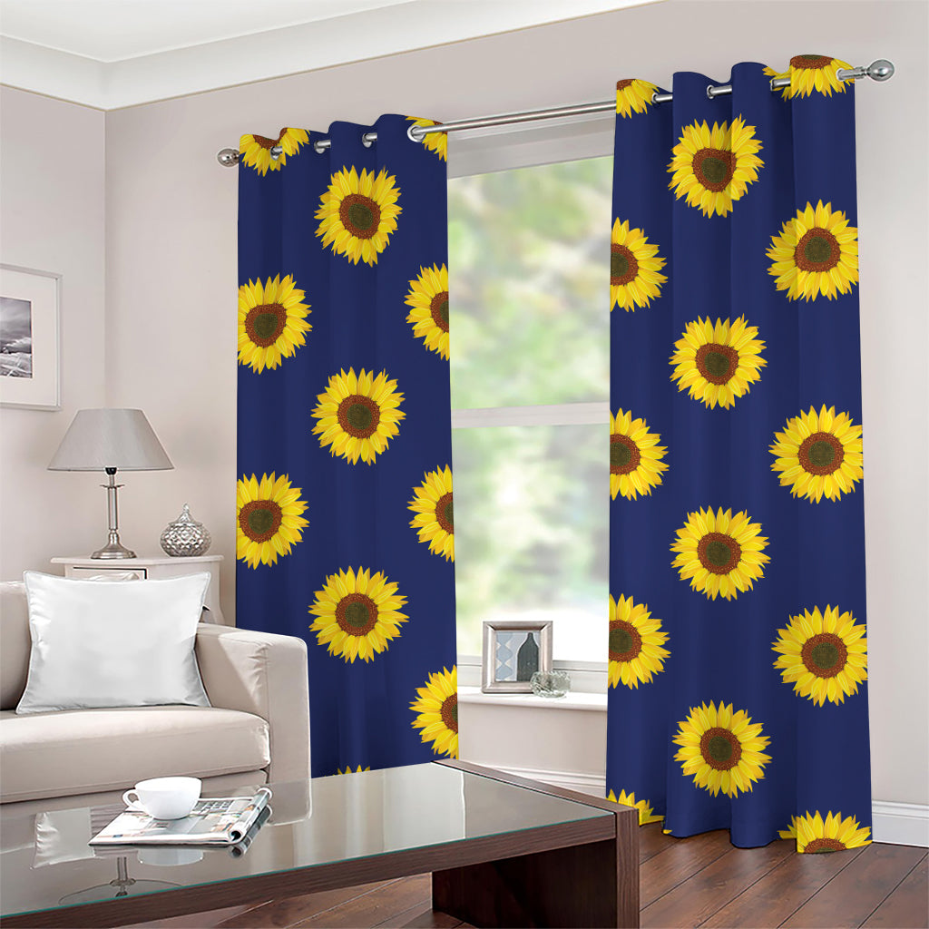 Navy Sunflower Pattern Print Grommet Curtains