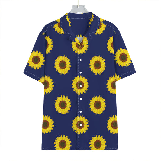 Navy Sunflower Pattern Print Hawaiian Shirt