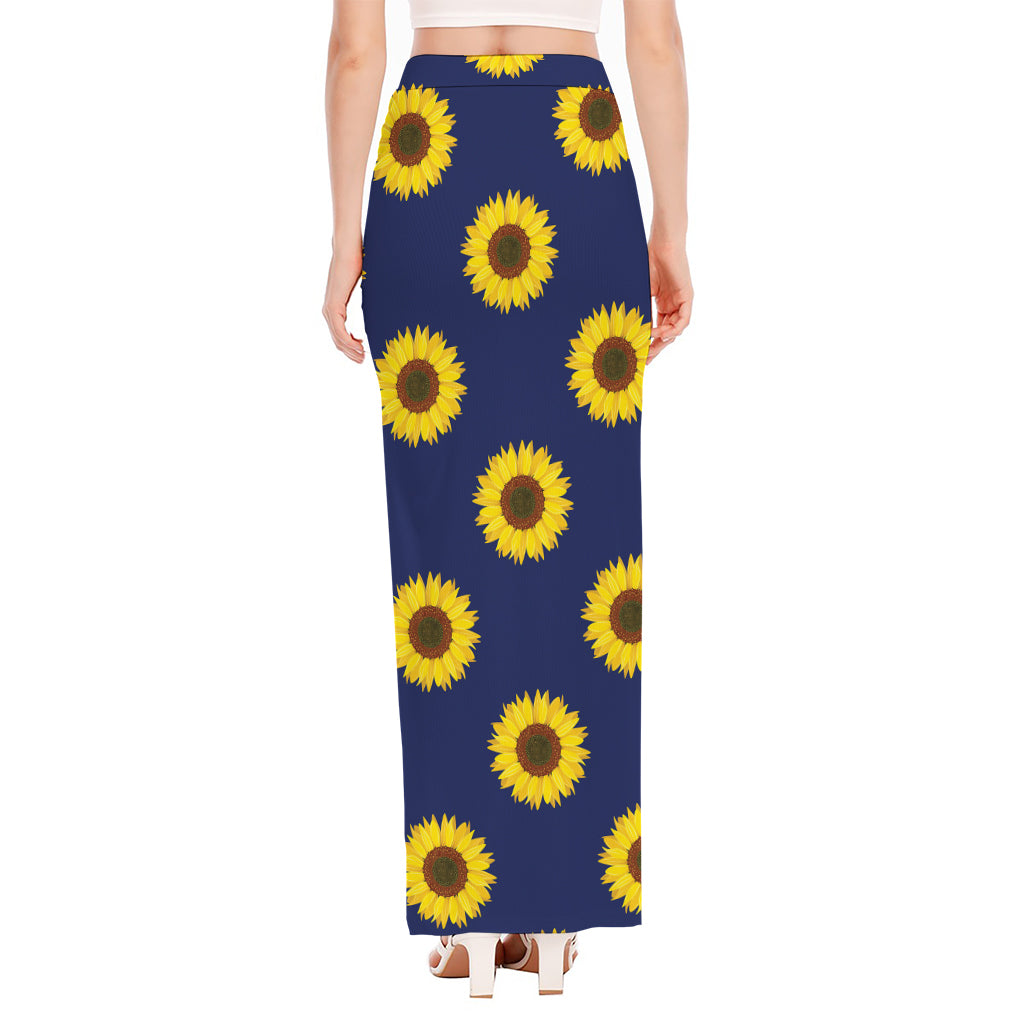 Navy Sunflower Pattern Print High Slit Maxi Skirt