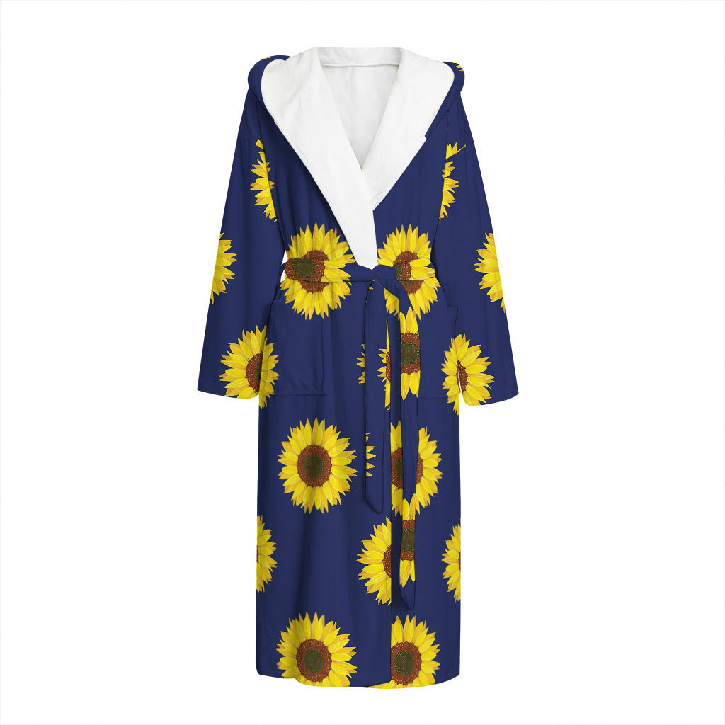 Navy Sunflower Pattern Print Hooded Bathrobe