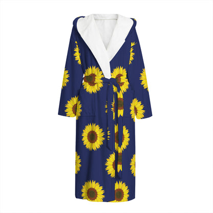 Navy Sunflower Pattern Print Hooded Bathrobe