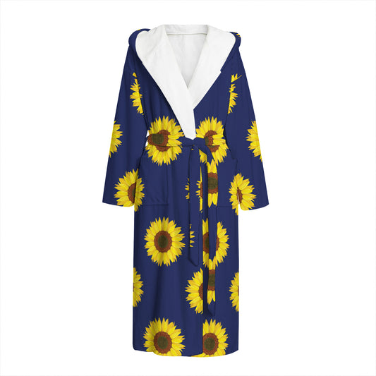 Navy Sunflower Pattern Print Hooded Bathrobe