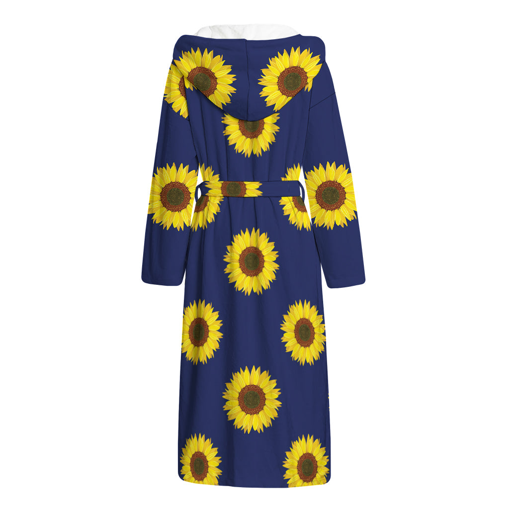 Navy Sunflower Pattern Print Hooded Bathrobe