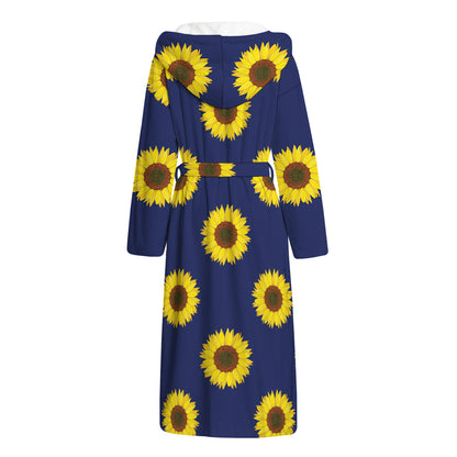 Navy Sunflower Pattern Print Hooded Bathrobe
