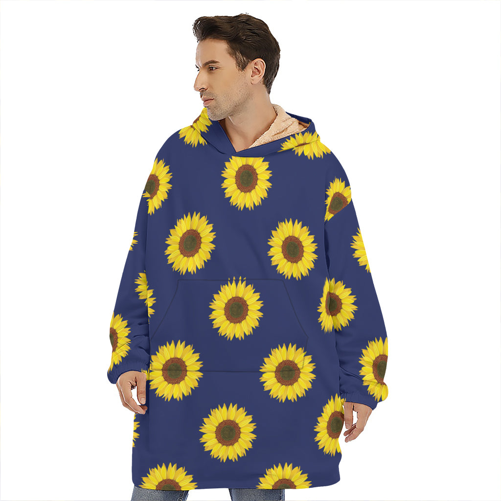 Navy Sunflower Pattern Print Hoodie Blanket
