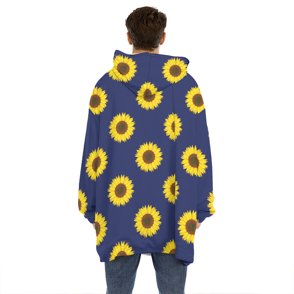 Navy Sunflower Pattern Print Hoodie Blanket