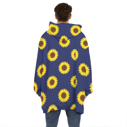 Navy Sunflower Pattern Print Hoodie Blanket