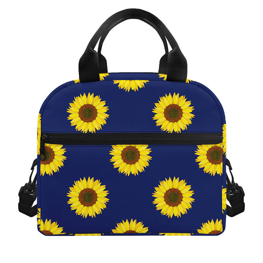 Navy Sunflower Pattern Print Insulated Lunch Bag