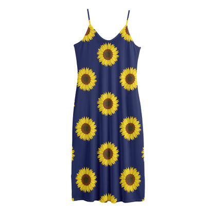 Navy Sunflower Pattern Print Jersey Midi Cami Dress
