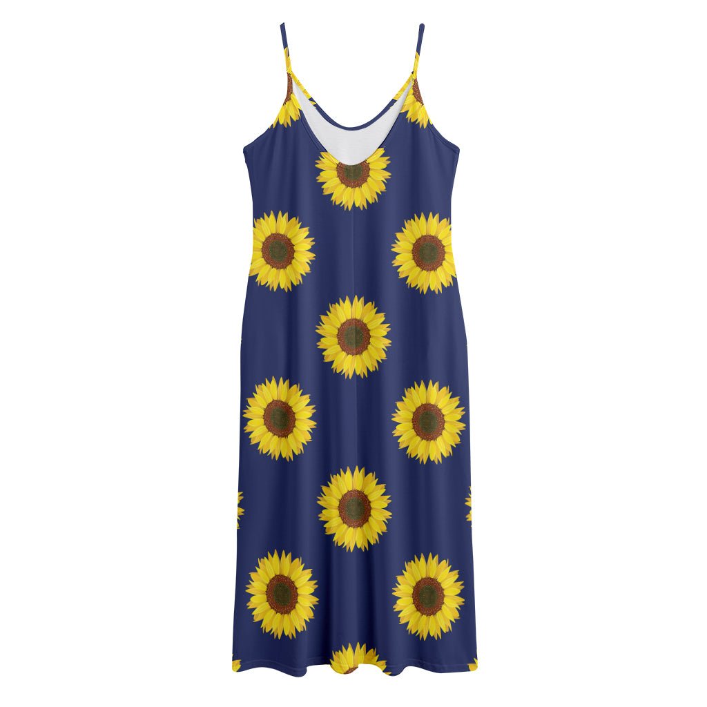 Navy Sunflower Pattern Print Jersey Midi Cami Dress
