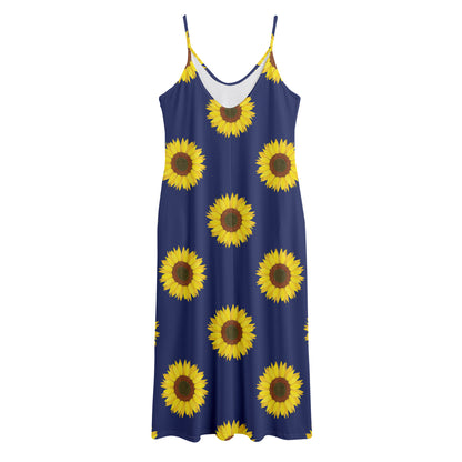 Navy Sunflower Pattern Print Jersey Midi Cami Dress