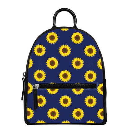 Navy Sunflower Pattern Print Leather Backpack