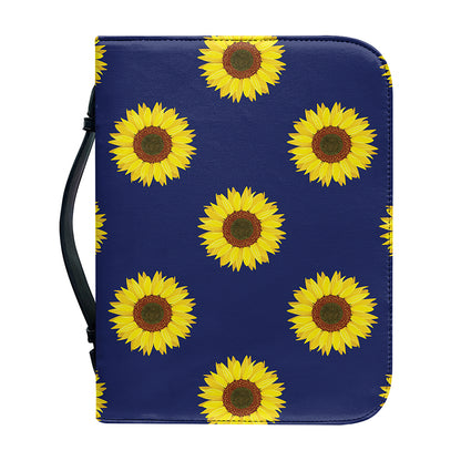 Navy Sunflower Pattern Print Leather Bible Cover