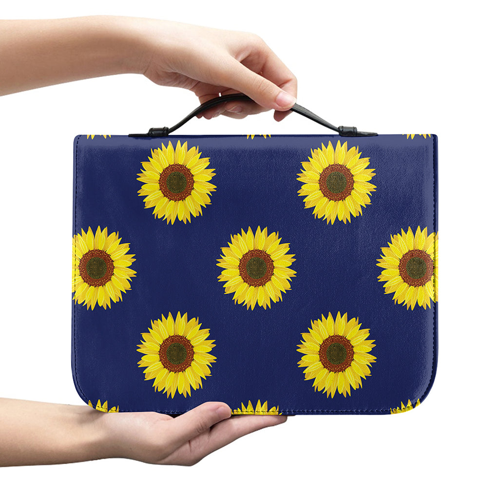 Navy Sunflower Pattern Print Leather Bible Cover