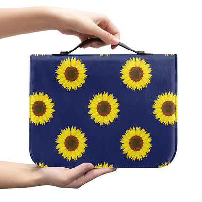 Navy Sunflower Pattern Print Leather Bible Cover