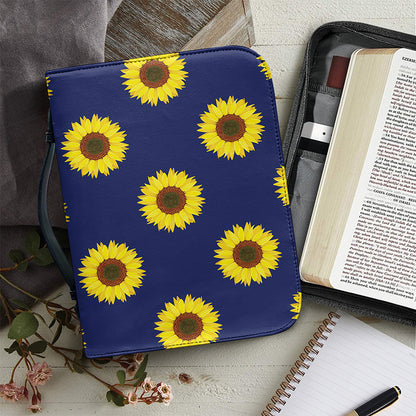 Navy Sunflower Pattern Print Leather Bible Cover