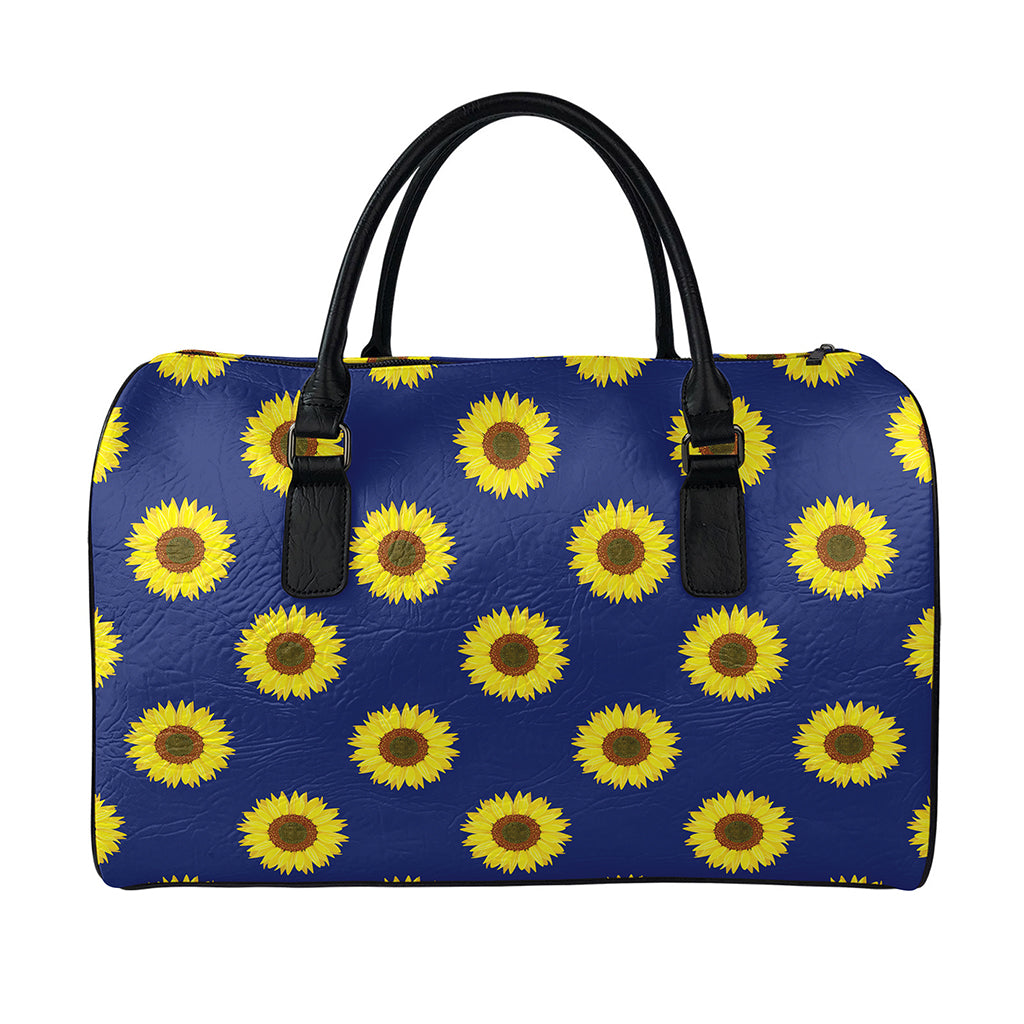 Navy Sunflower Pattern Print Leather Duffle Bag