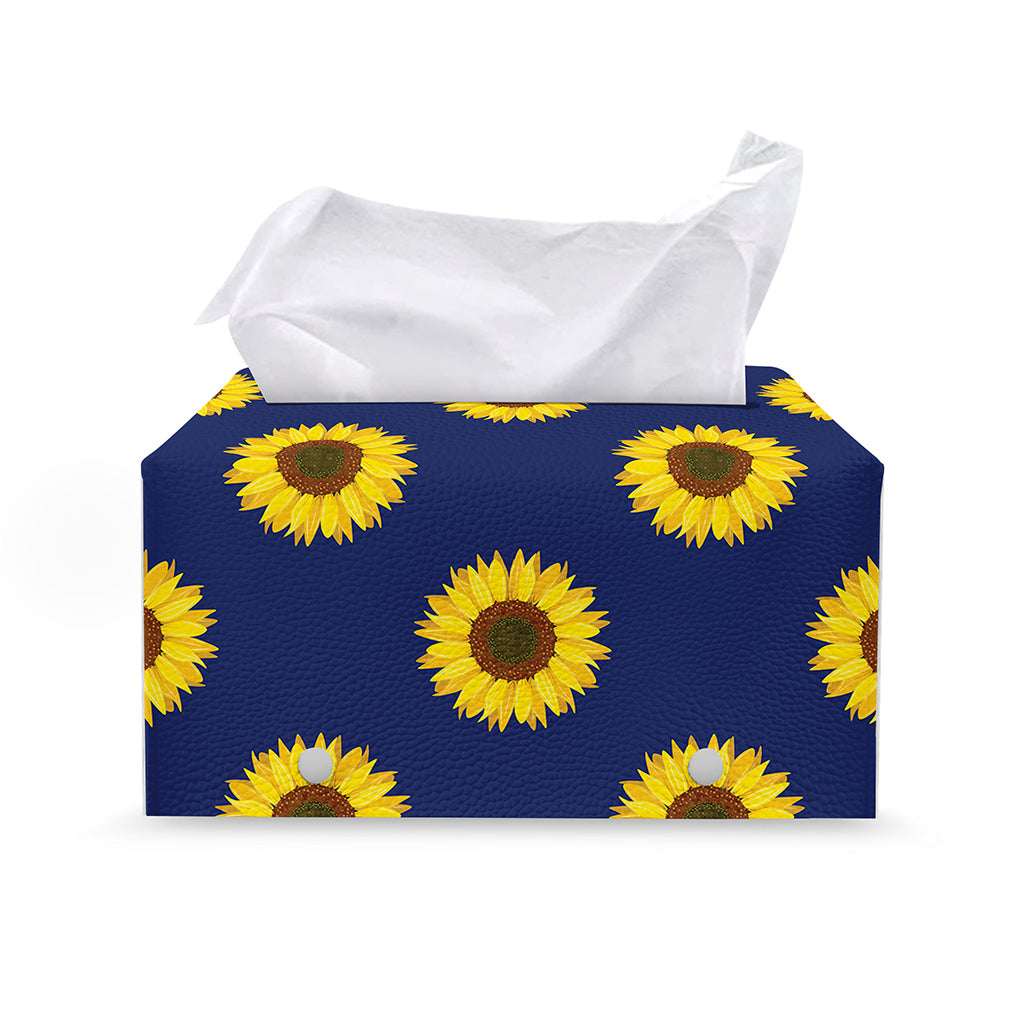 Navy Sunflower Pattern Print Leather Tissue Box Cover