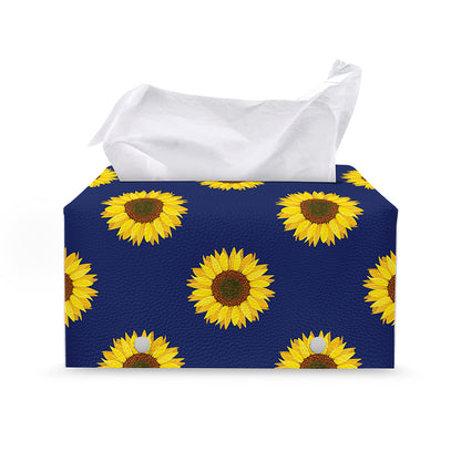Navy Sunflower Pattern Print Leather Tissue Box Cover