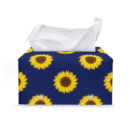 Navy Sunflower Pattern Print Leather Tissue Box Cover