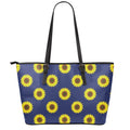 Navy Sunflower Pattern Print Leather Tote Bag With Zipper