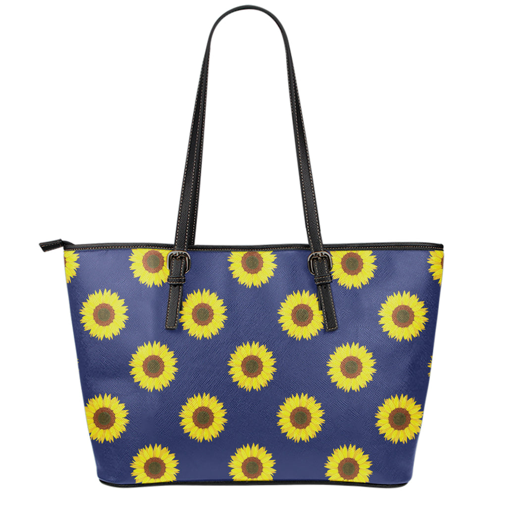 Navy Sunflower Pattern Print Leather Tote Bag