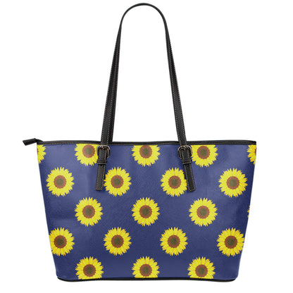 Navy Sunflower Pattern Print Leather Tote Bag