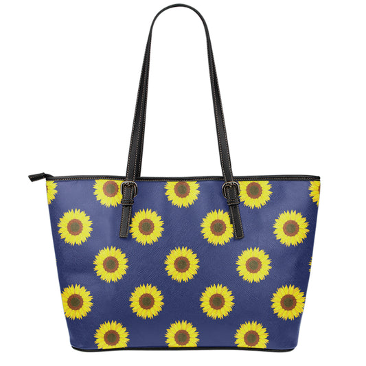 Navy Sunflower Pattern Print Leather Tote Bag