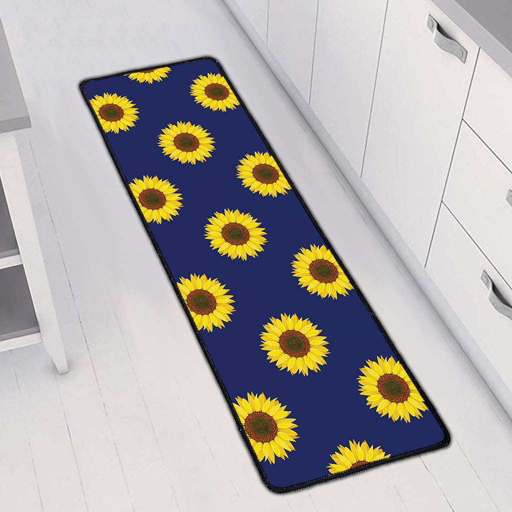 Navy Sunflower Pattern Print Long Kitchen Mat