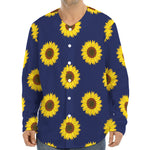 Navy Sunflower Pattern Print Long Sleeve Baseball Jersey