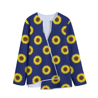 Navy Sunflower Pattern Print Long Sleeve Short Coat
