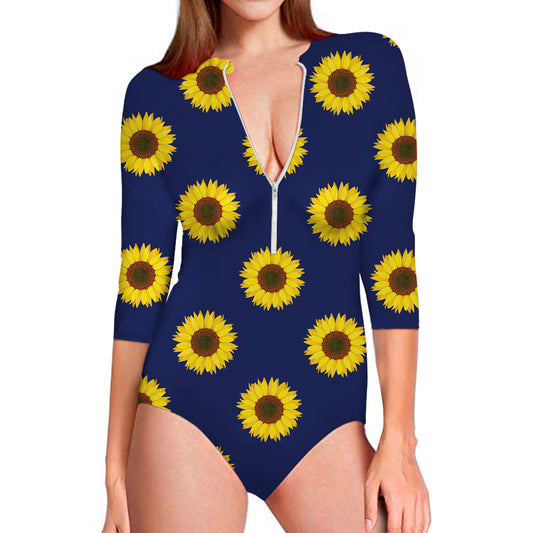 Navy Sunflower Pattern Print Long Sleeve Swimsuit