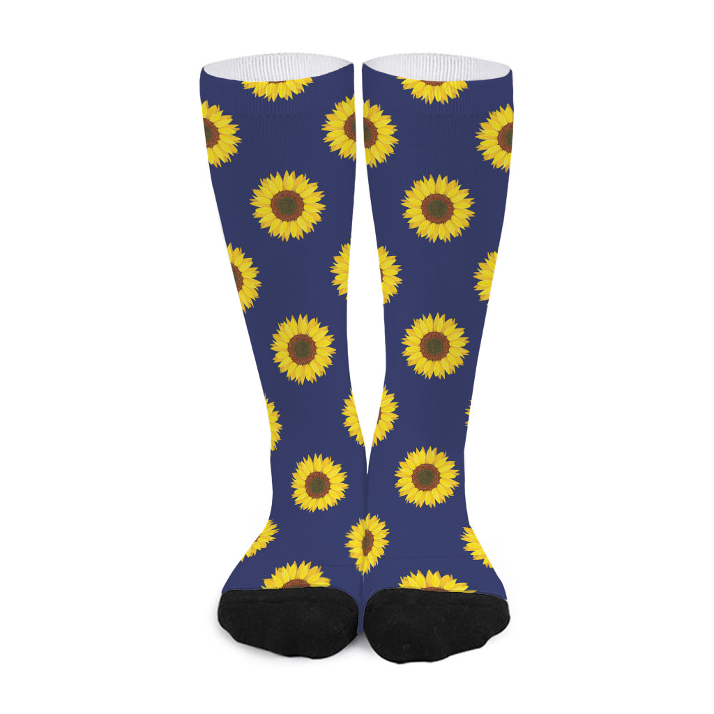 Navy Sunflower Pattern Print Long Socks