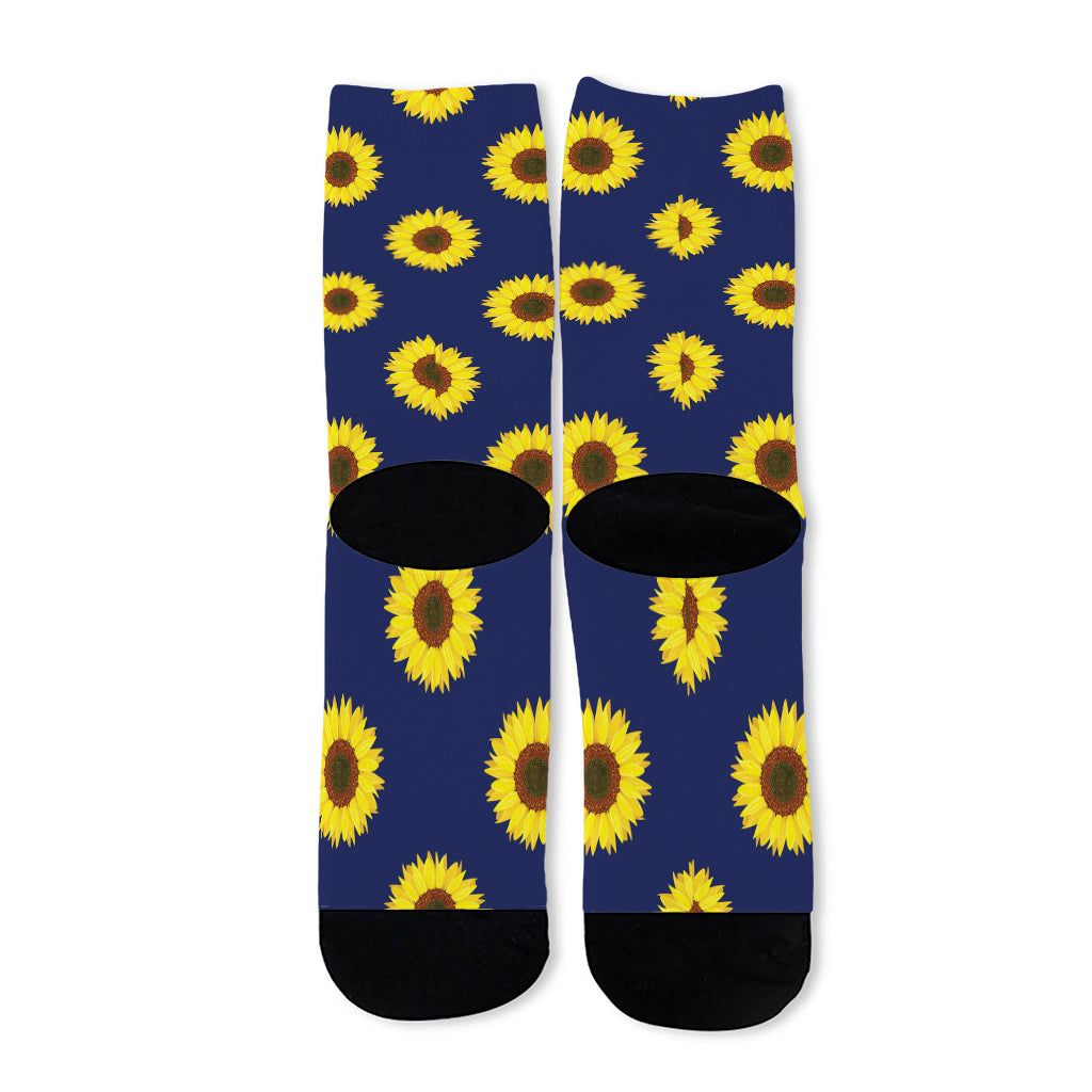 Navy Sunflower Pattern Print Long Socks