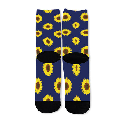 Navy Sunflower Pattern Print Long Socks